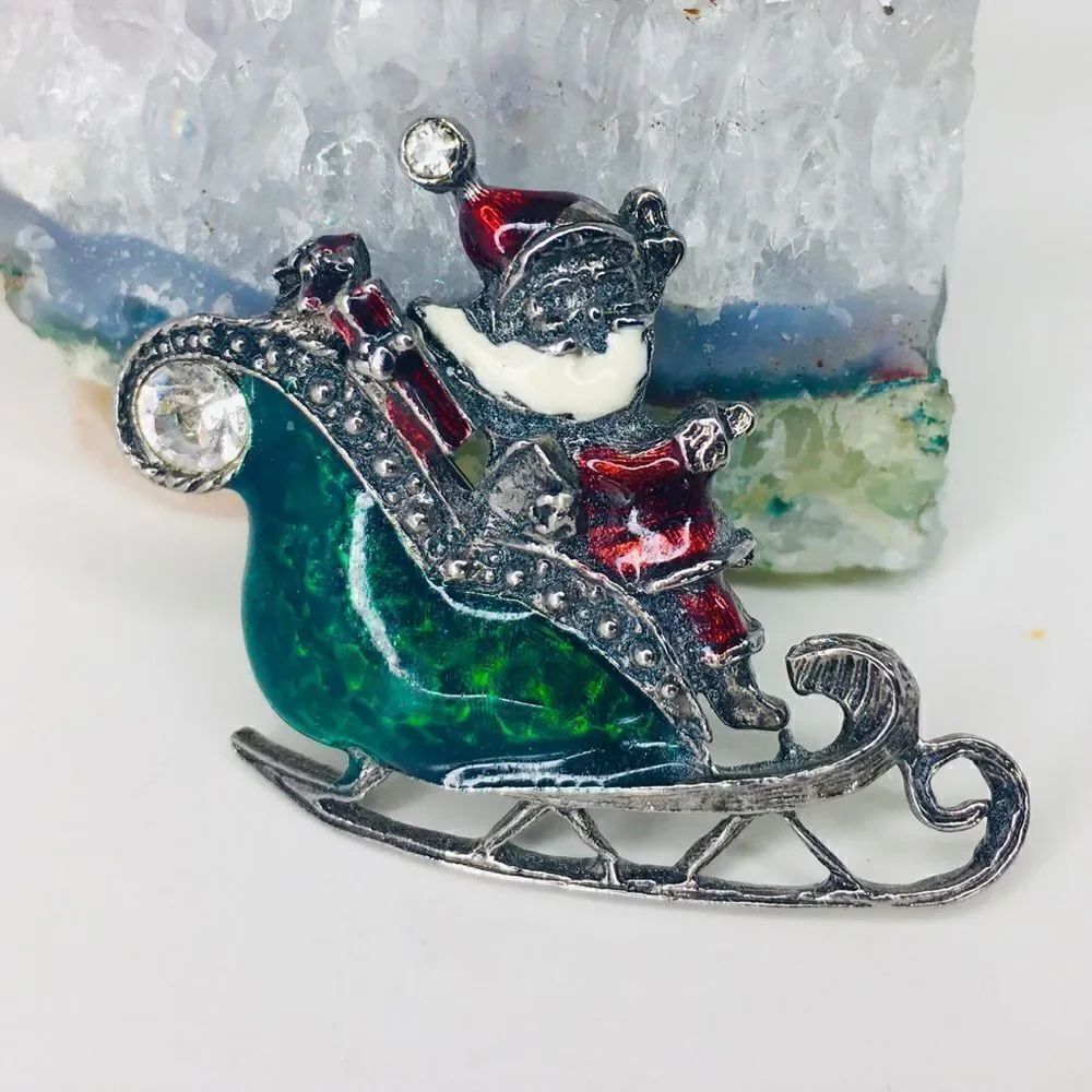 Vintage Chris BROOCH sled with Santa signature LIA green red silver 4011